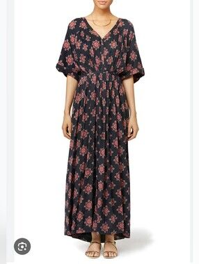Free People Oasis Maxi Dress Boho V-Neck Short Kimono Sleeve Pockets